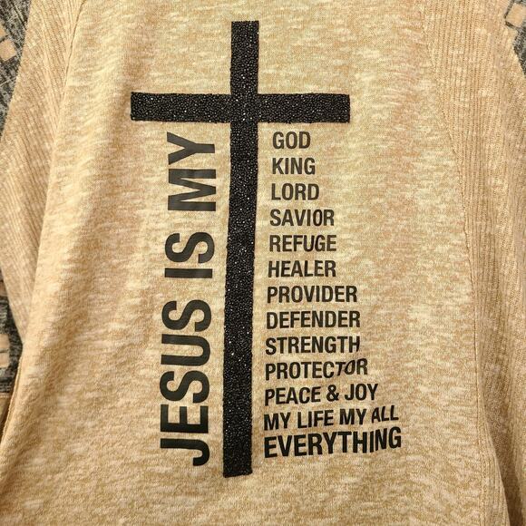 NWT Cato Jesus Cross Bling Oatmeal Blue Plaid Top Christian Religious Size L - Picture 2 of 9